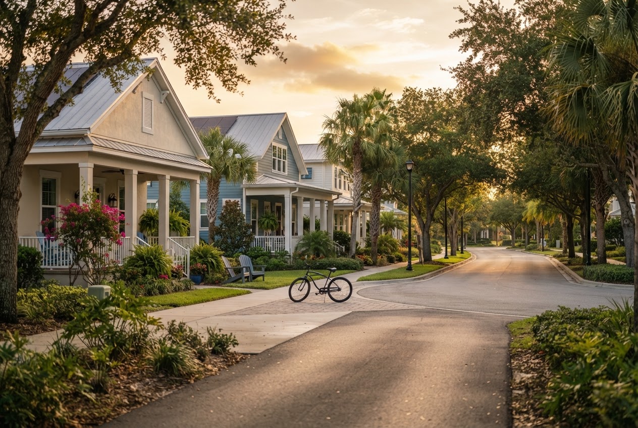 A tree lined street in a Southwest Florida community