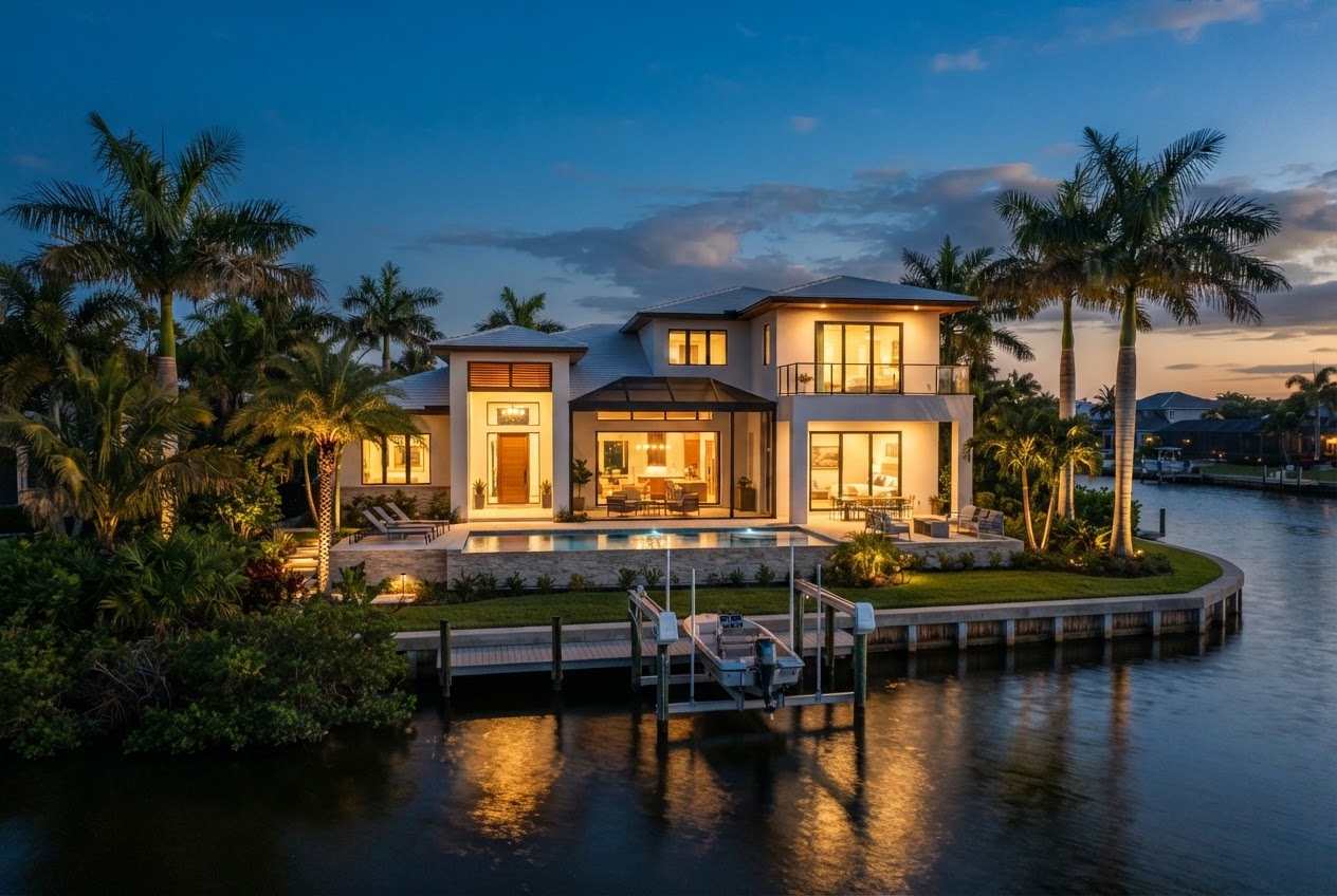 A Southwest Florida waterfront home at dusk