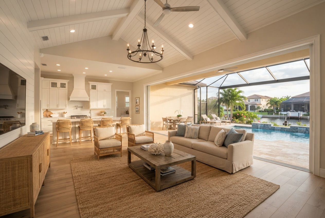 A bright Southwest Florida living room opening to a pool